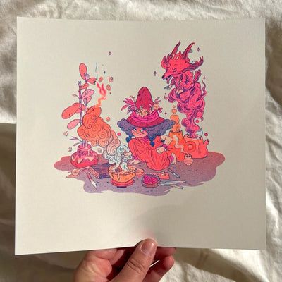 Risograph print of an angry girl, dressed as a forest shaman or witch. She stirs a bowl that emits a clouded smoke creature.