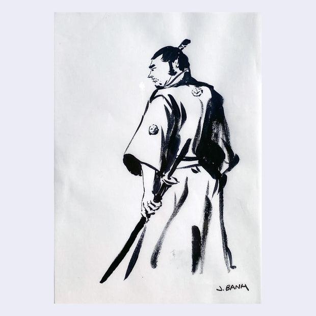 Black sketch of a samurai, facing away and holding a kitana.
