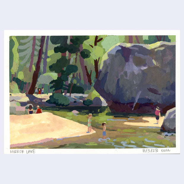 Plein air painting of a lake with a very large rock behind it and many trees. Several people stand in or around the lake on a sunny day.