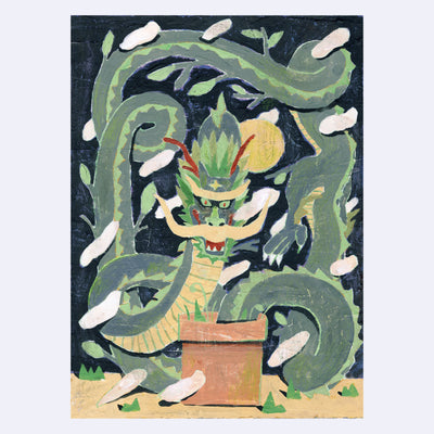 Illustration of a fierce but happy looking green dragon, with a long body with leaves growing off it. It swirls and wraps around itself, emerging from a pot on the ground.