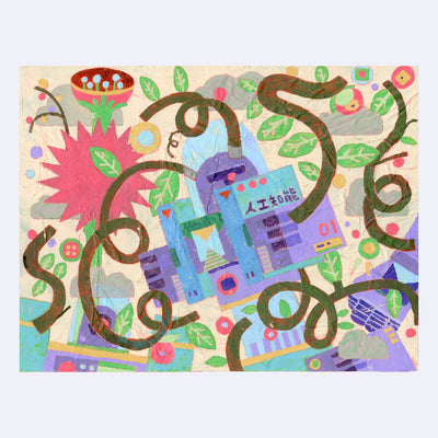 Collage style illustration of a blue and purple boxy robot with a clear dome at the top. Lots of curly wires come out from and around its body, with many leaves stemming off of them. Background consists of grey clouds and pinkish red flowers.