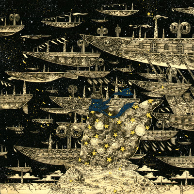 Black ink illustration on exposed wooden panel of many ships floating in a dark starry night sky. A caped figure with cat ears look at the scene, with their back to the viewer.