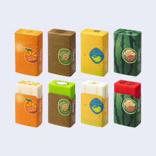 4 erasers, shown packaged and then shown open. Erasers are rectangular and resemble fruits: orange, kiwi, banana and watermelon.