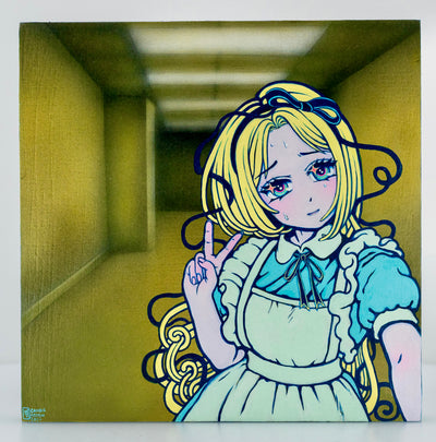 Painting of an anime style Alice from Alice in Wonderland, posed with a peace sign and holding the side of the canvas like it's a phone for a selfie. The background is a yellowish green airbrushed empty hallway.