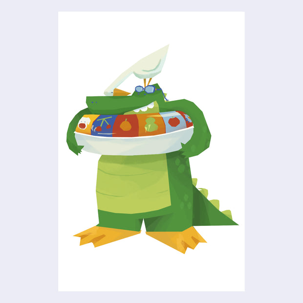 Illustration of a green alligator standing up and wearing yellow flippers, goggles and with a inflatable tube around its belly. Atop its head is a white bird, looking down at the gator.