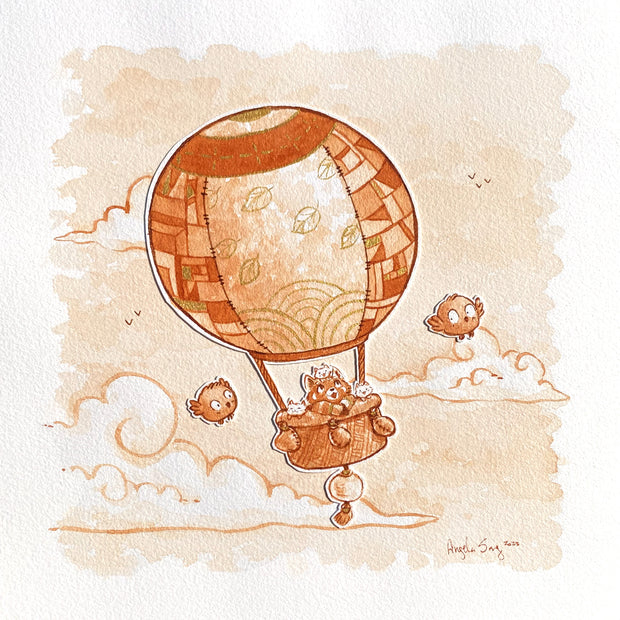 Sepia colored illustration of a cute cartoon red panda in the basket of a patchwork hot air balloon. It has small kittens around it and 2 birds flyby.