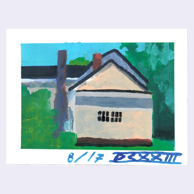 Plein air painting of a tan house, viewed from the side framed by greenery and a blue sky.