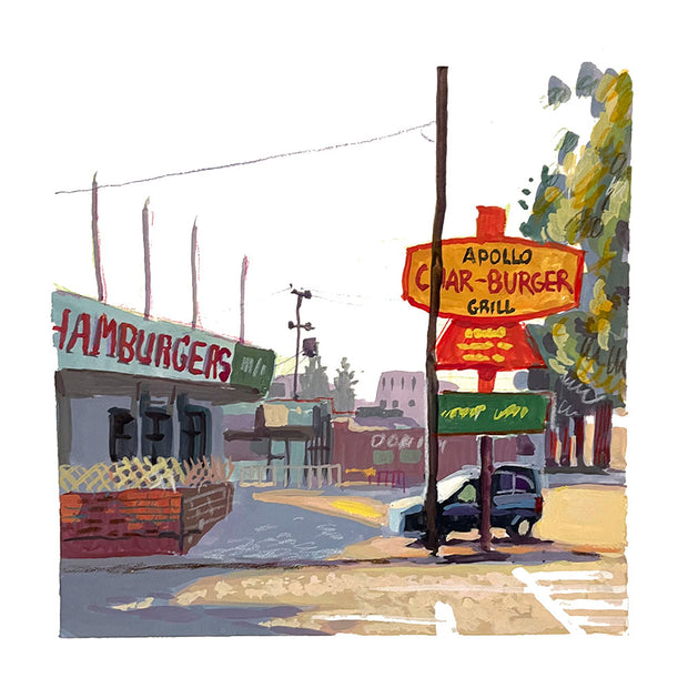 Plein air painting of a parking lot for Apollo Charburger Grill, with a single car parked and a telephone pole running in front of the restaurant's sign. Side of the building is visible, saying "Hamburgers"