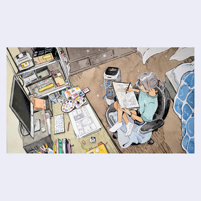 Ink and watercolor drawing of a girl smiling and drawing on a pad of paper. She sits in a desk chair, in front of a desk filled with various art supplies and a drawn comic panel. A floor fan blows air towards the desk.