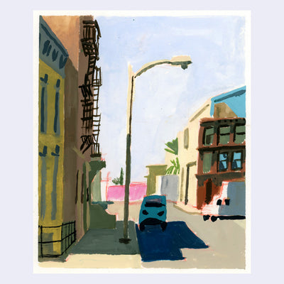 Plein air painting of an alley with cars parked and a large lamp post. 