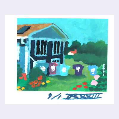 Plein air painting of a blue house with white trim and its side yard, which has lots of greenery and simplified flowers. A clothesline hangs with different colored shirts on it.