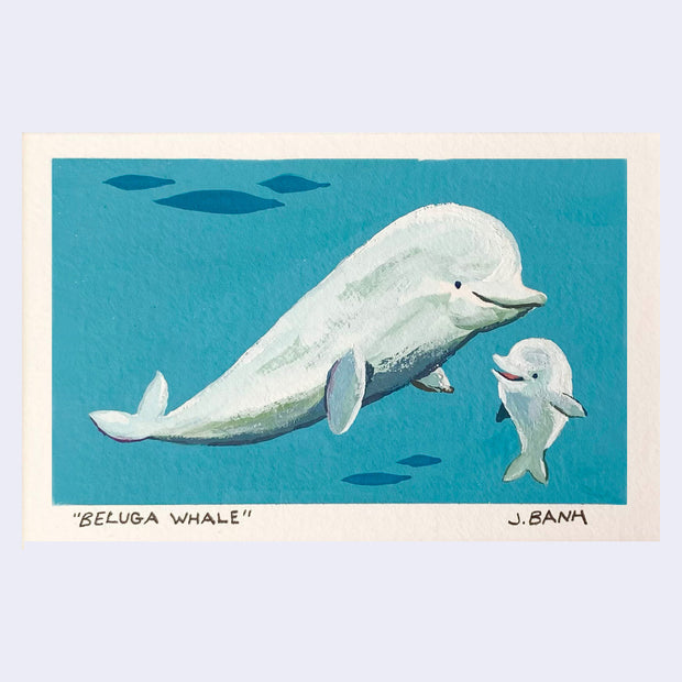 Print on paper of an underwater scene of a large smiling beluga whale, looking down at a smaller beluga whale who looks up and smiles.