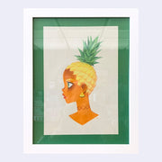 Color pencil illustration of a left facing portrait of a tan woman, with hair that is textured like a pineapple with leaves atop. She has a choker necklace and a pineapple slice earring. Piece is in a white frame with green framing mat.