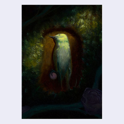 Oil painting with dark colors and lighting, of a small white bird seen from overhead resting atop a dark mound of dirt. It holds something circular in its claw, and the only light source is a streak of light going diagonally over the bird. 
