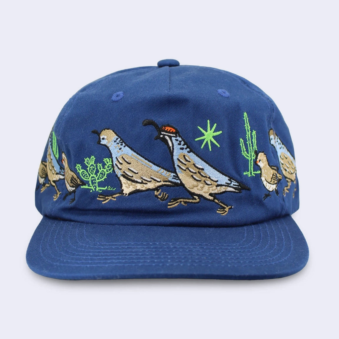 Новинка от Bird Collective: синяя кепка с изображением калифорнийских куропаток и пустынным пейзажем