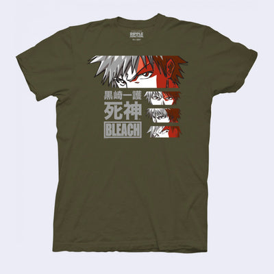 Army green t-shirt with a design of a cropped view of a pair of intense anime eyes, grey with a red shadow cast across the face. Below, are 3 more crops of the same face but in different positions. "Bleach" is written in English and some Kanji writing. 