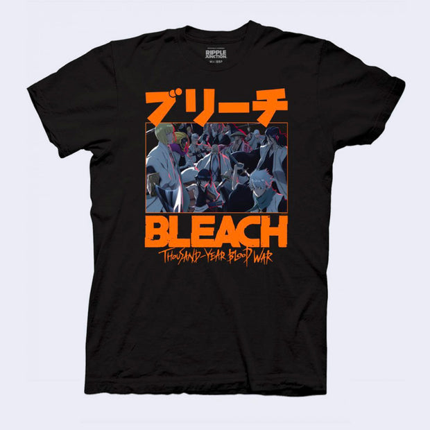 Black t-shirt with a rectangular graphic of many characters from the anime Bleach in blue lighting, wielding weapons. Bleach is written in Kanji on top and English under the image.