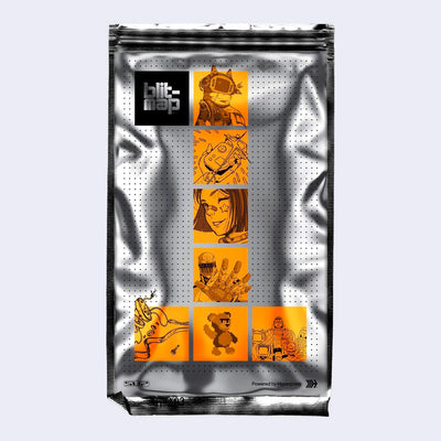 Comic packaged in silver foil wrap, obscuring the cover. Outer package features 7 orange thumbnail images of sci fi related imagery.