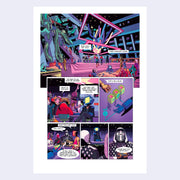 Example comic book page with bright pink and purple sci fi related characters.