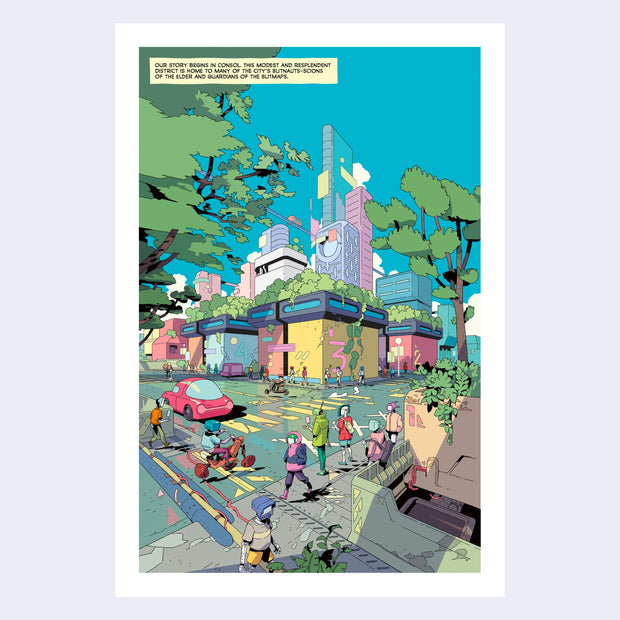 Example comic book page with bright colors of a sci fi city setting with many people crossing the road.