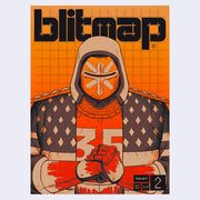 Cover example of Blitmap issue 2, orange with a futuristic mech paladin of sorts posing with his hands pushed together.