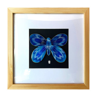 Cut out illustration of a vibrant blue butterfly with abstract striping pattern on its wings, adhered to black paper. Piece is in a square light wooden frame.