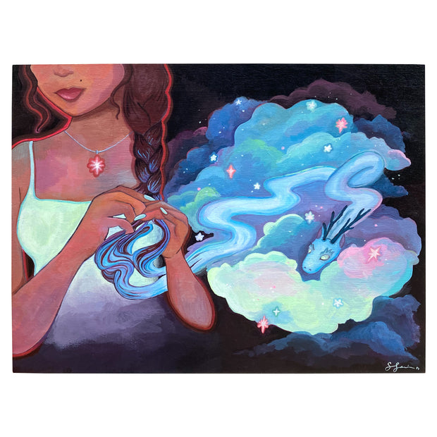 Painting of a tan girl visible only from the nose down, braiding her hair. From the braid emerges a blue celestial looking dragon, which floats atop of blue and purple clouds.