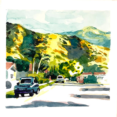 Plein air painting of a neighborhood street right up against large brown hills, speckled with greenery. 