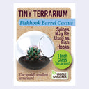 Product packaging for a mini terrarium with seeds for a cactus, the "fishhook barrel cactus".