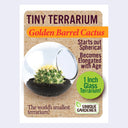 Product packaging for a mini terrarium with seeds for a cactus, the "Golden Barrel cactus".