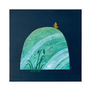 Collage style painting on solid navy canvas of a teal and white marble pattern rock with a rounded top. A small gold butterfly sits atop the rock with short blades of grass in the left corner.