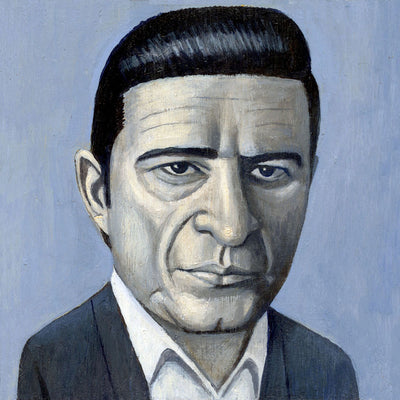 Painting of a stylized portrait of Johnny Cash, with black slicked back hair, a stern expression and blue suit with a white collared shirt. He is only visible from the shoulders up.