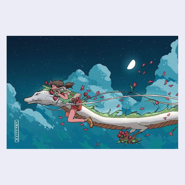 Illustration of a small girl riding atop of a long white dragon with a green mane, petals flying through the cloudy night sky from a bouquet of flowers she holds. 
