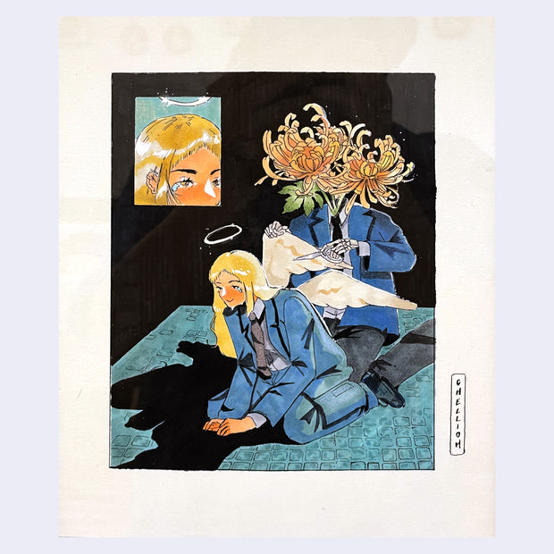 Illustration of 2 people wearing suits. One sits on the floor, with a halo and angel wings. Behind her, a person with skeleton hands and mum flowers for a head cuts one of her angel wings. A small thumbnail of the angel girl shedding a tear is in the upper left corner.