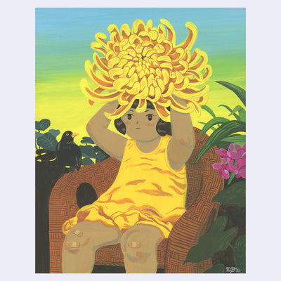 Painting of a small, tan girl with bandaids on her knees sitting in a wicker chair surrounded by outdoor plants and holding a large yellow chrysanthemum over her head. A yellow blue sunrise is in the background and a crow sits on her chair.