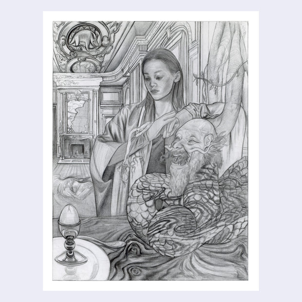 Very detailed graphite sketch of a woman sitting in a very fancy room, next to a serpent with an old man's head. They sit in front of a cracked egg.