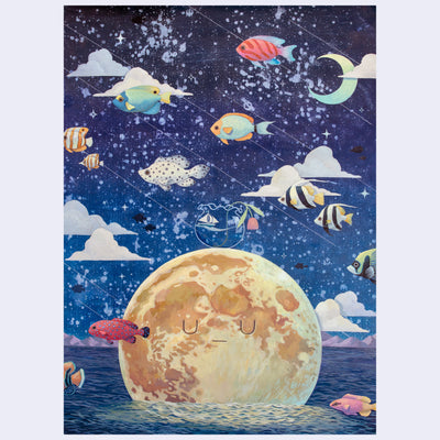 Painting of a large orange planet, partially submerged in water with many fish swimming overhead against a blue starry sky.