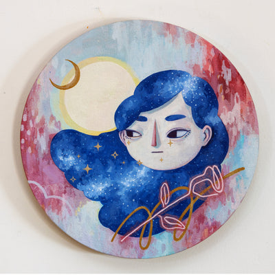 Painting on circle panel of a girl's head with long hair painted like the night sky. She looks off to the side and below her is a neon sign rose. Background is slightly abstract lines of strokes of blue and red with a moon behind her head.