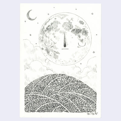 Graphite drawing of a large moon with a closed eye expression. It hovers above a braided hillside, with a small dotted pattern.