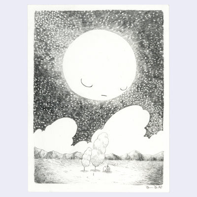 Graphite drawing of a glowing moon, with a somber simple expression angled downward. It hangs above a tiny house with wind blown trees in an open plain lined by mountains.