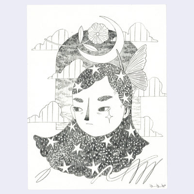Graphite drawing of a person with star patterned hair, looking somberly off to the side. A moon and a flower balance atop her head. An archway is behind, showing the sky with patterned clouds decorating the drawing.