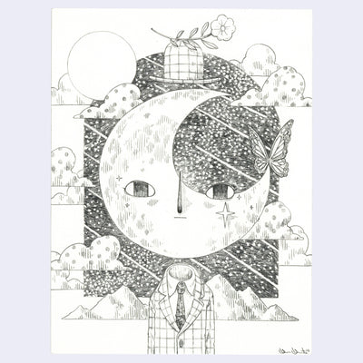 Graphite drawing of a suited body with a floating crescent moon for a head. A plaid hat hovers above its head, with a flower resting atop it. An archway behind reveals a starry sky, with clouds decorating the scene.