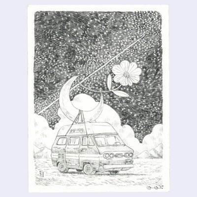 Graphite drawing of a camper van, with a large crescent moon tied to the roof. A large flower balances atop it. Background is a starry night sky with clouds. 