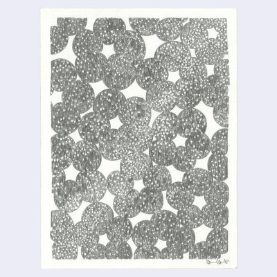 Graphite drawing of a pattern of many circles, connected to each other like a donut. Each circle has a small dotted pattern, like a starry sky.
