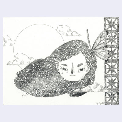 Graphite drawing of a woman with large night sky patterned hair. A butterfly rests atop her head and a tower of star patterned breezeblocks lines the right side.