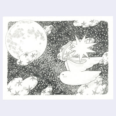 Graphite drawing of a cartoon style bird, flying with a flower in its mouth. Its against a starry night sky with star patterned clouds and a large moon.