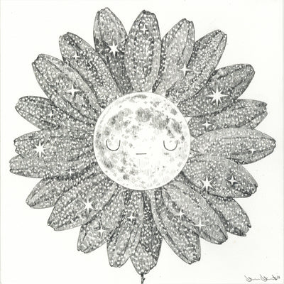 Graphite drawing of a moon with a closed eye expression. Flower petals surround it, as though its the bud of a flower. Petals are star patterned.