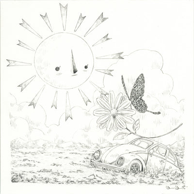 Graphite drawing of a VW bug, partially submerged in a grassy field. A large flower and a butterfly balance atop it. A large sun with cartoon rays and a simple face looks down at the car.