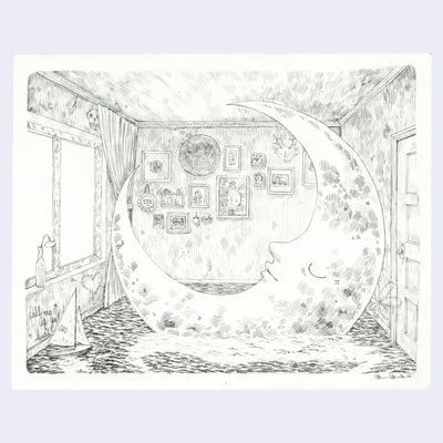 Drawing of a large crescent moon, sitting within a small bedroom with water on the floor. A small sailboat floats and various picture frames hold photo and art on the back wall.