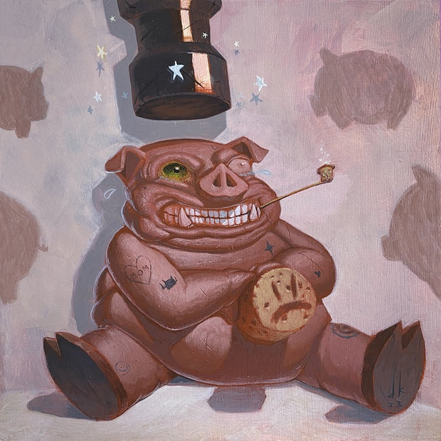 Painting of a pink big, with a large cork in its belly. It sits and has a pained grimace, as a large hammer looms overhead. Stars appear around the hammer and the pig tears up and smokes a long pipe. 